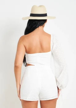 Best August White Broidery One Sleeve Playsuit Women Jumpsuits & Playsuits
