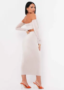 Aziza Sand Halterneck V Bar Cold Shoulder Crop Top^Missy Empire New