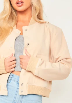Becca Beige Button Up Cropped Bomber Jacket^Missy Empire Best