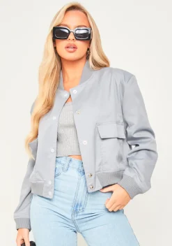 Becca Light Grey Button Up Cropped Bomber Jacket^Missy Empire New