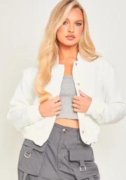 Becca White Button Up Cropped Bomber Jacket^Missy Empire Store
