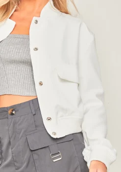 Becca White Button Up Cropped Bomber Jacket^Missy Empire Store
