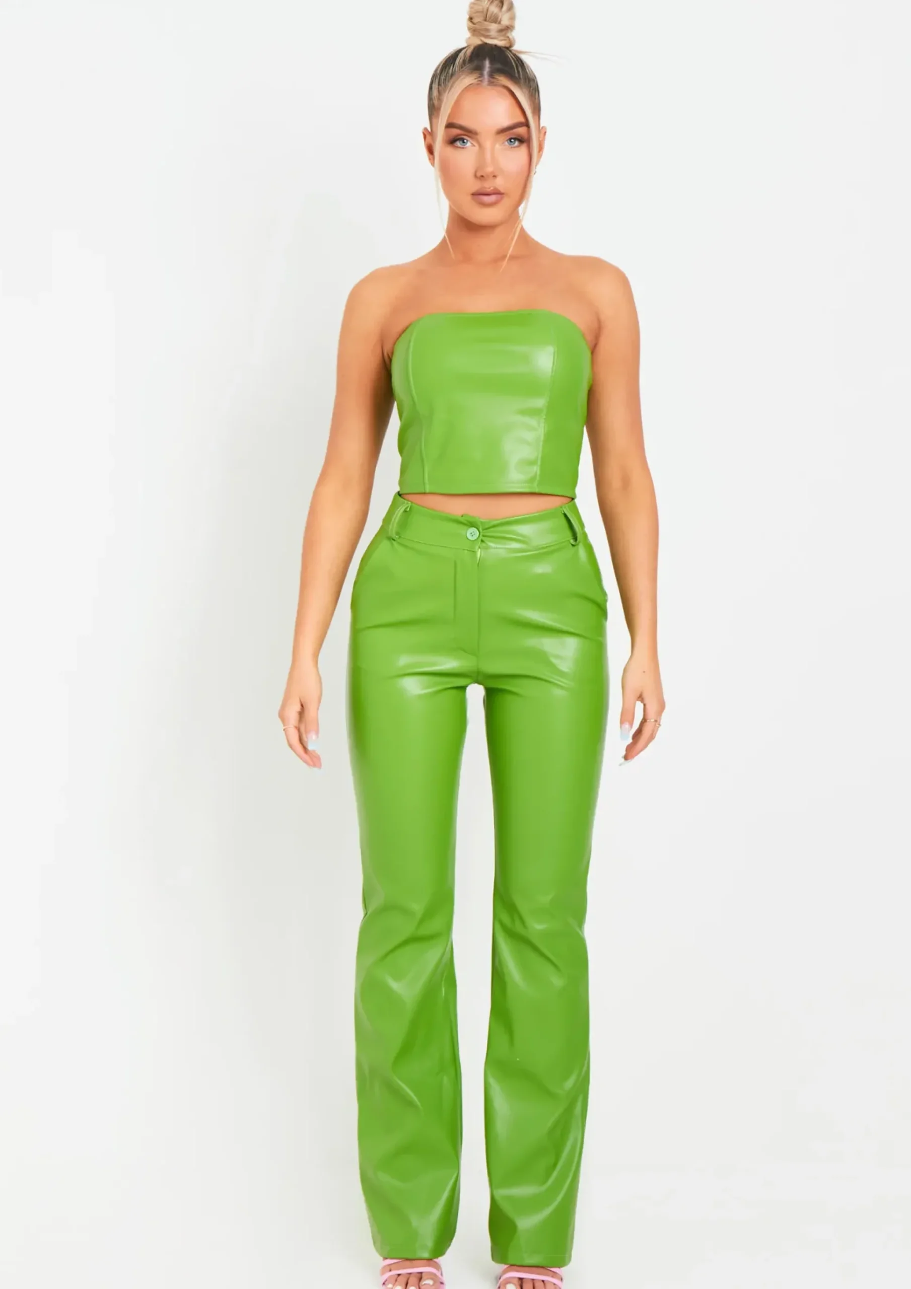 Hot Beth Lime Green High Waisted Faux Leather Trouser Women Trousers