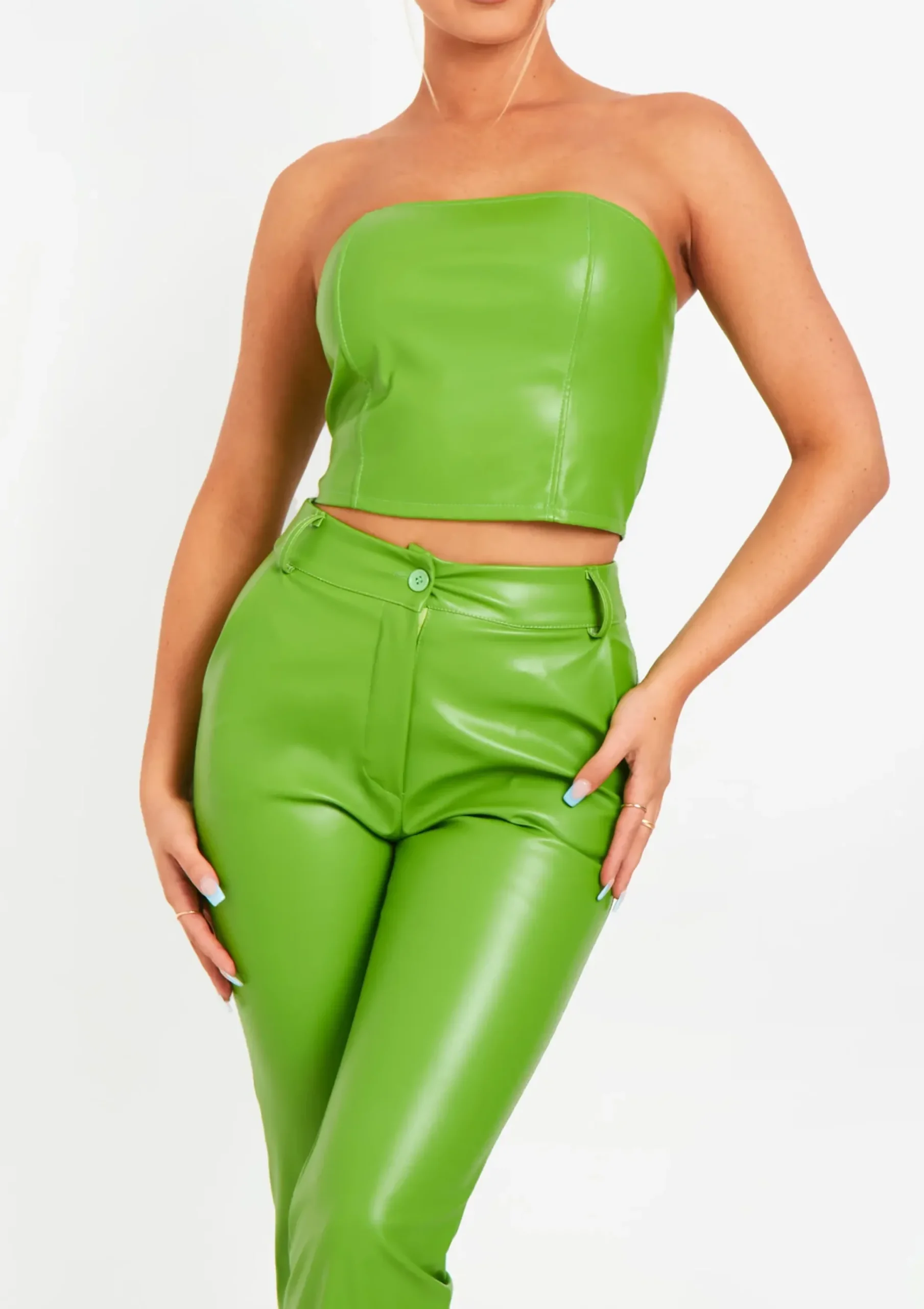 Hot Beth Lime Green High Waisted Faux Leather Trouser Women Trousers