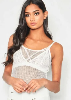 Beth White Fishnet Mesh Spaghetti Strap Bodysuit^Missy Empire Fashion