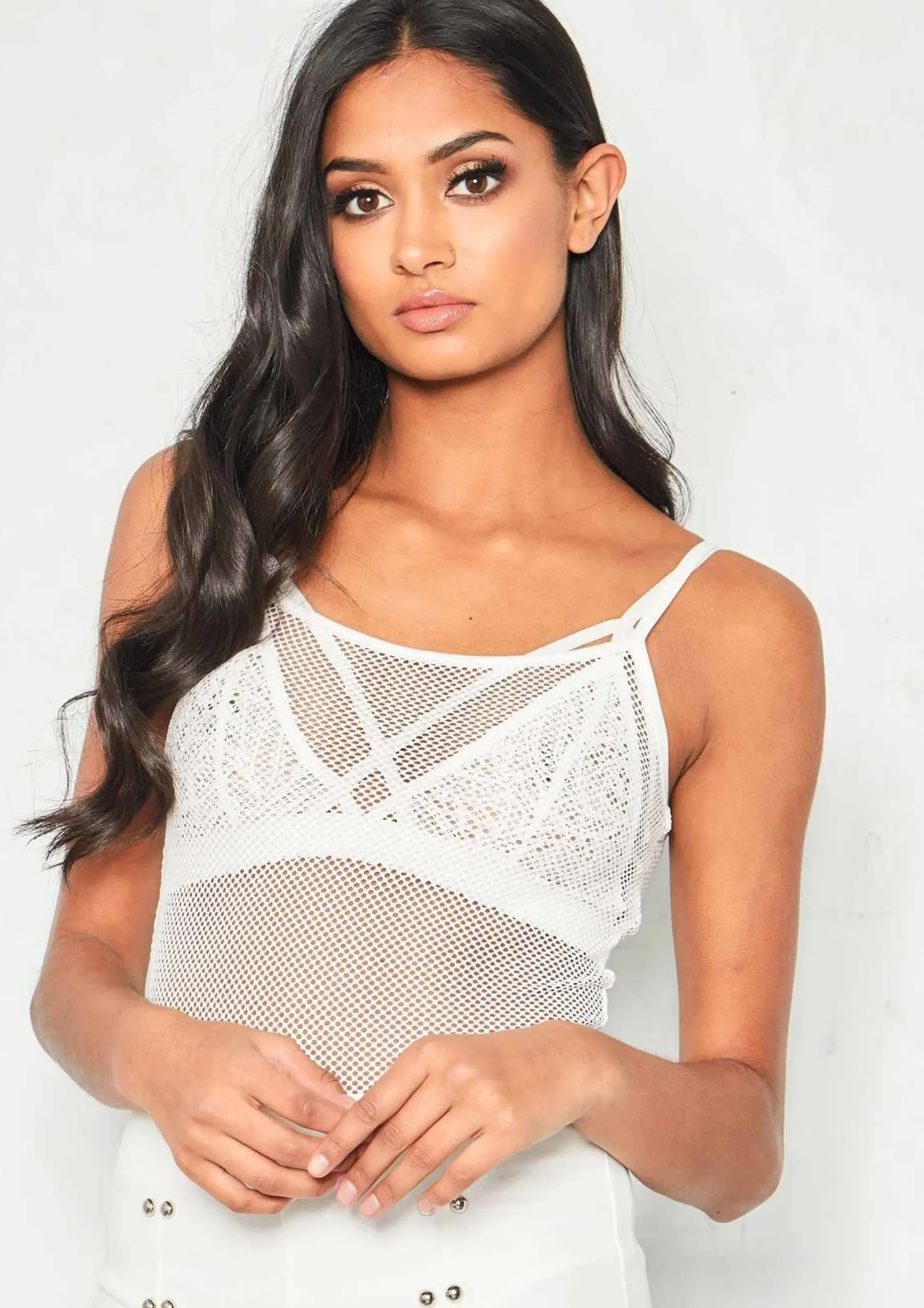 Beth White Fishnet Mesh Spaghetti Strap Bodysuit^Missy Empire Fashion