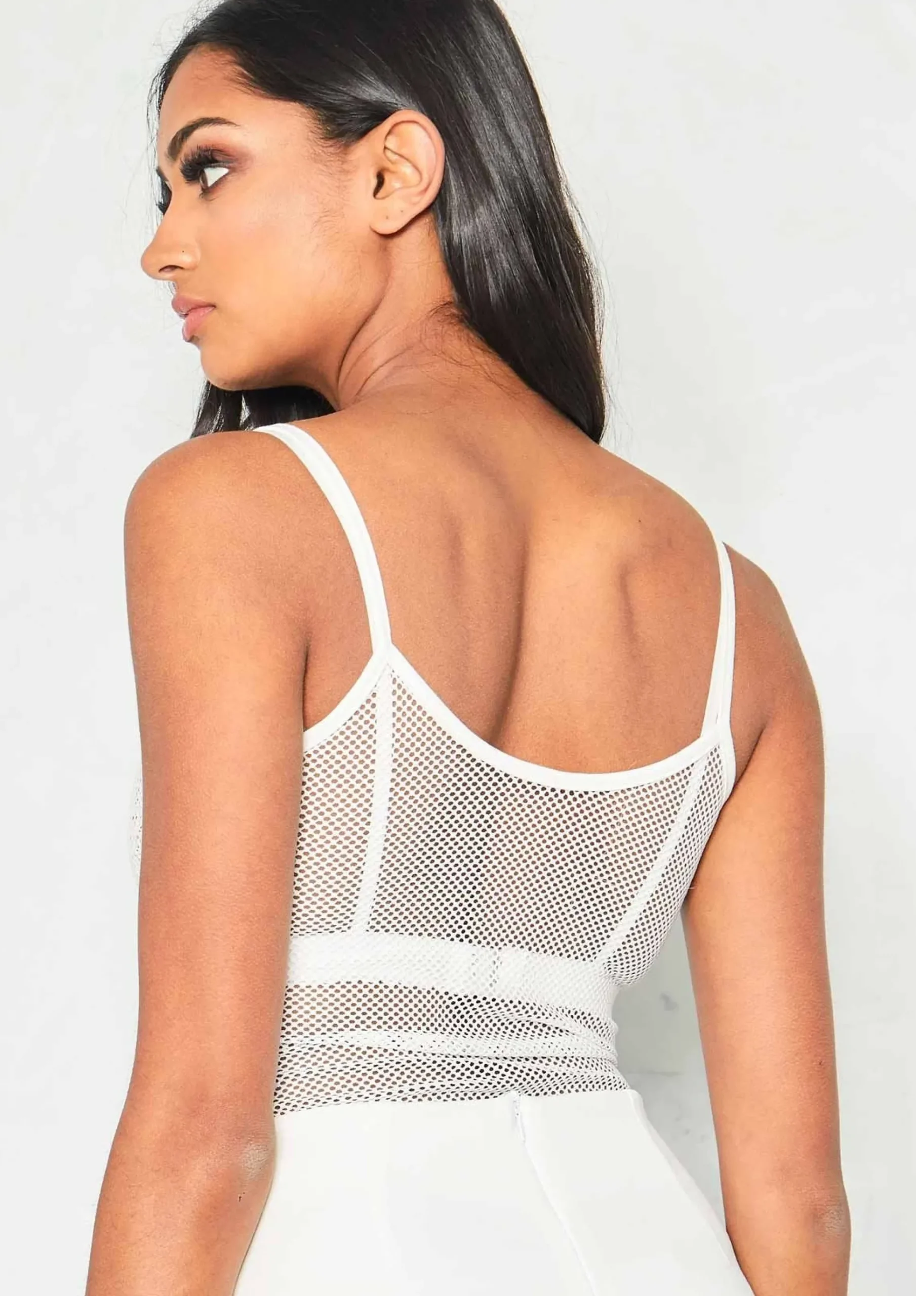 Beth White Fishnet Mesh Spaghetti Strap Bodysuit^Missy Empire Fashion