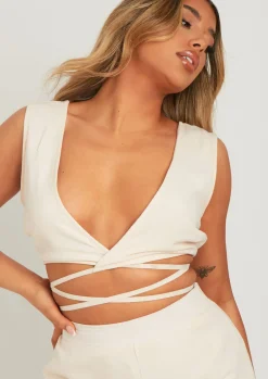 Betty Ivory Linen Look Wrap Around Top^Missy Empire Clearance
