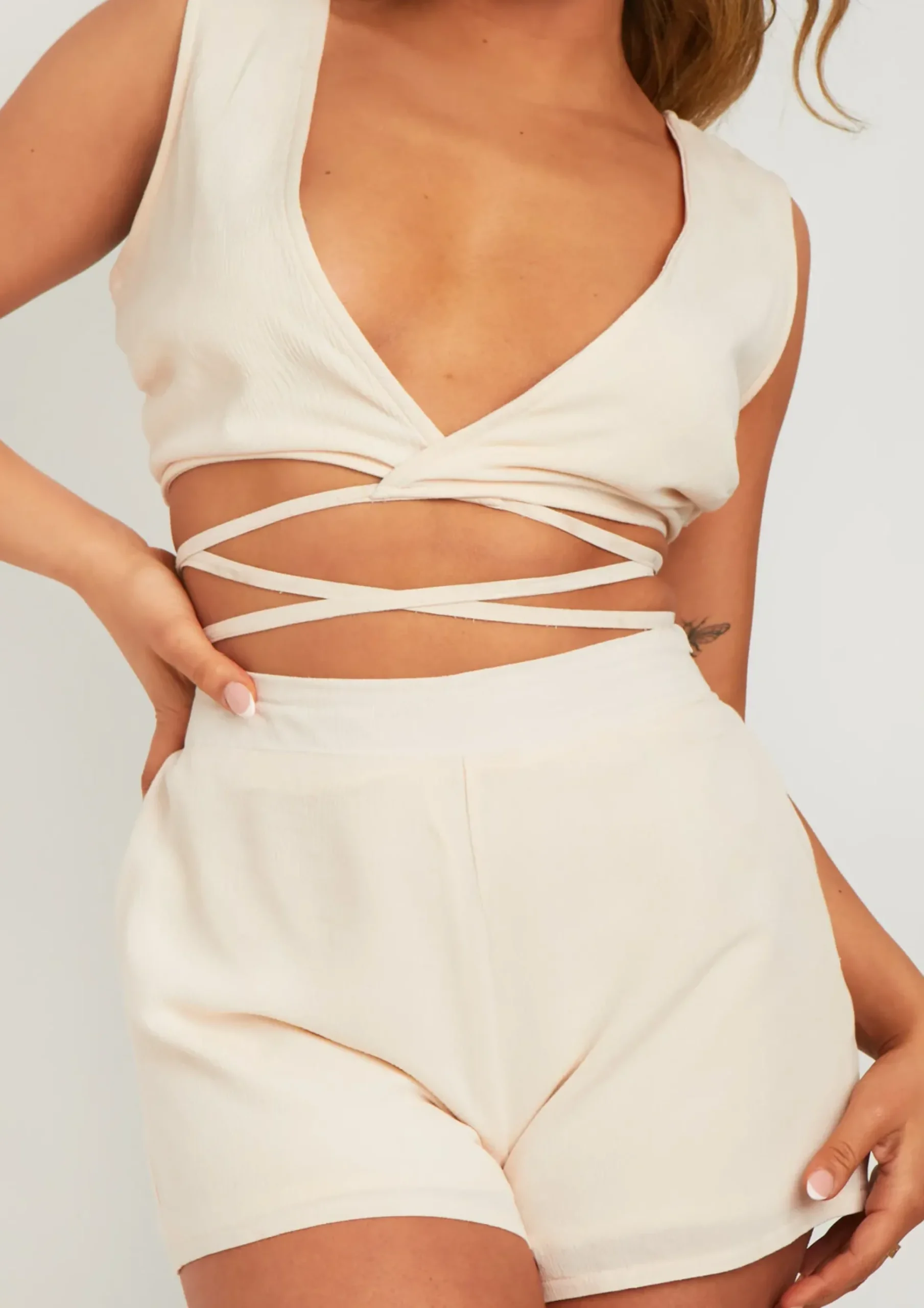 Betty Ivory Linen Look Wrap Around Top^Missy Empire Clearance