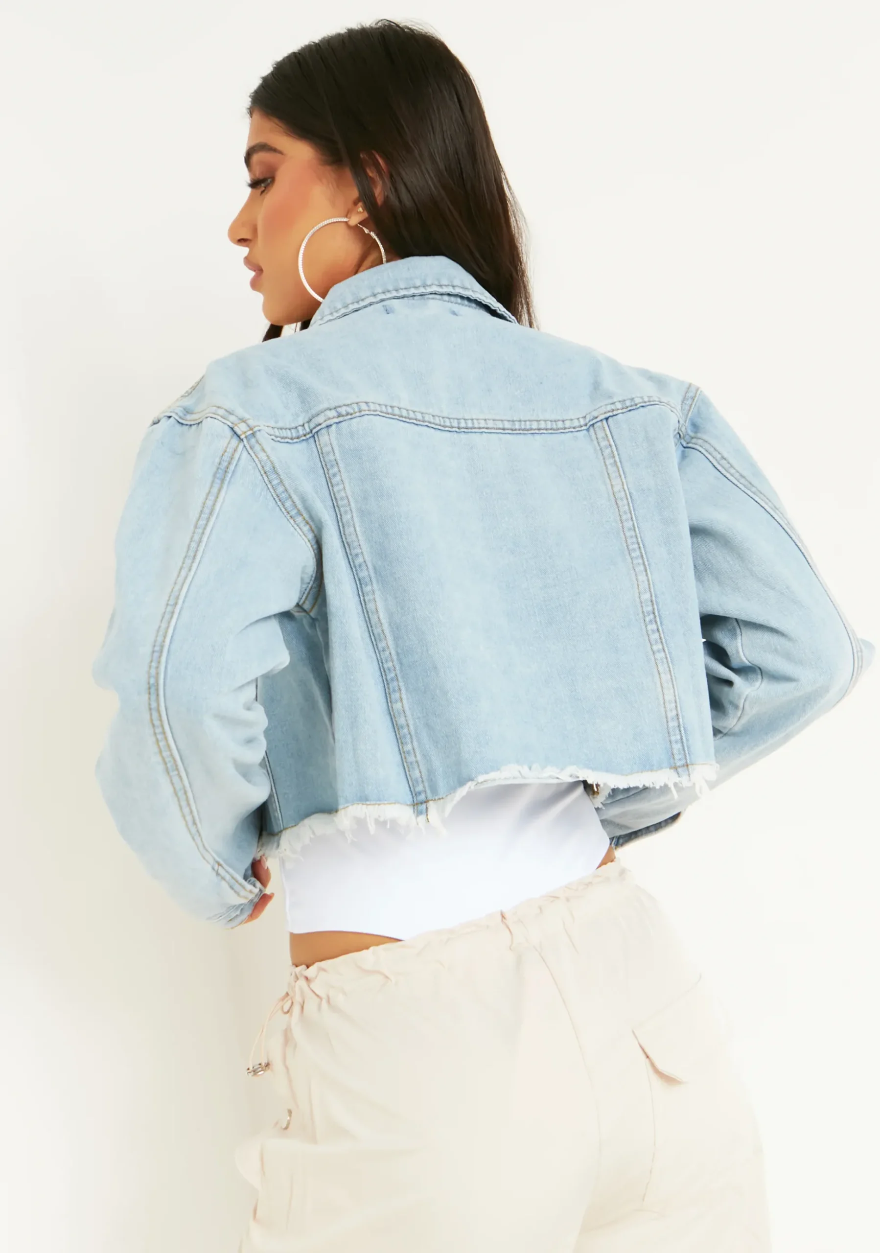 Bianca Blue Light Wash Distressed Hem Crop Denim Jacket^Missy Empire Shop