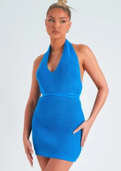 Cheap Billie Blue Knitted Halter Neck Mini Dress Women Dresses