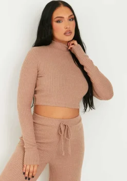 Billie Brown Rib High Neck Crop Top^Missy Empire Discount