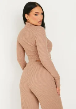 Billie Brown Rib High Neck Crop Top^Missy Empire Discount