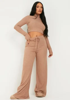 Billie Brown Rib High Neck Crop Top^Missy Empire Discount