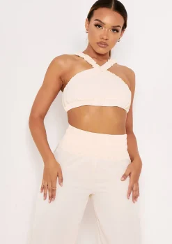 Britta Cream Cross Strap Pleat Detail Crop Top^Missy Empire Hot