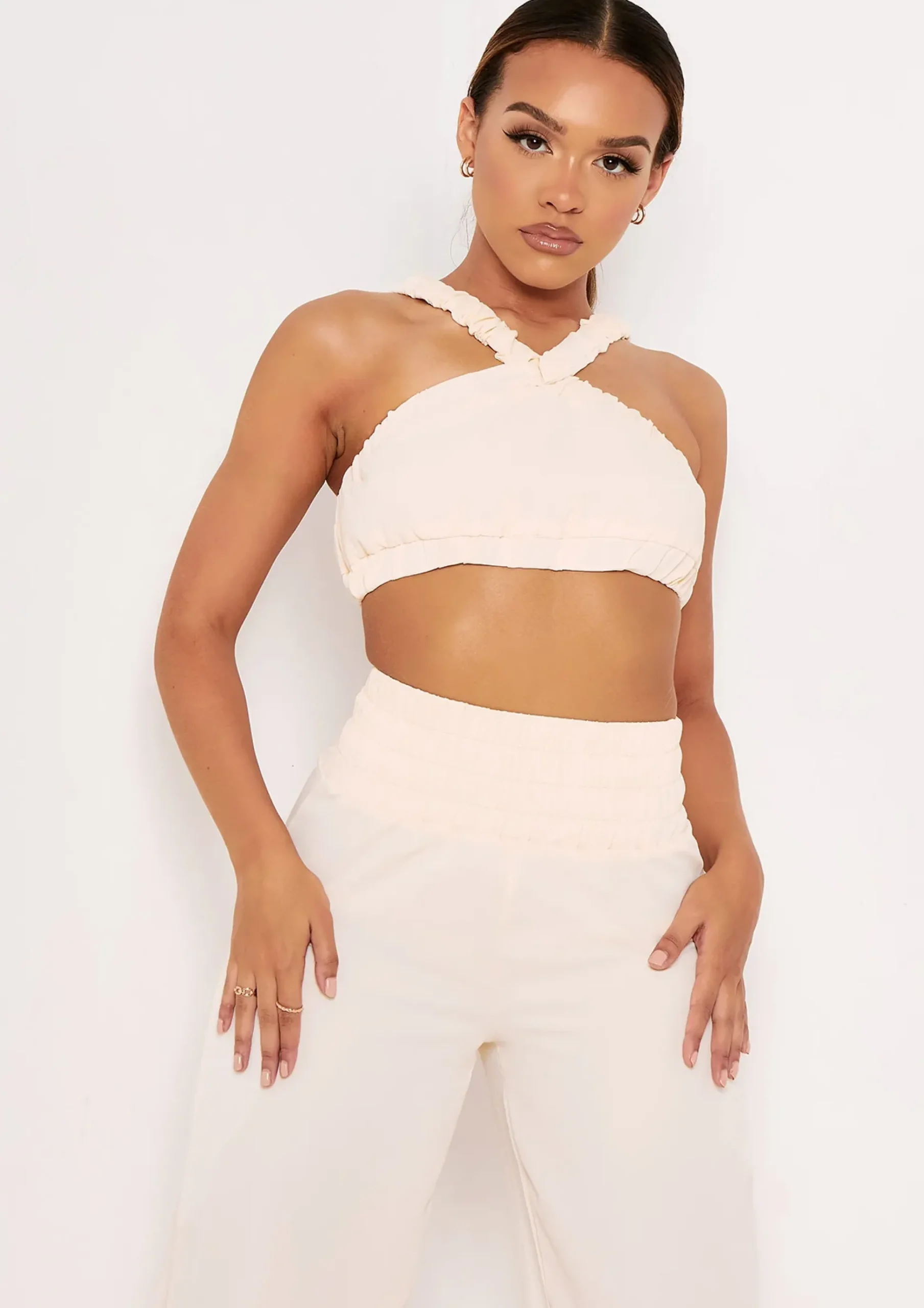 Britta Cream Cross Strap Pleat Detail Crop Top^Missy Empire Hot