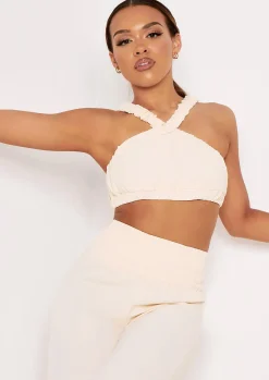 Britta Cream Cross Strap Pleat Detail Crop Top^Missy Empire Hot