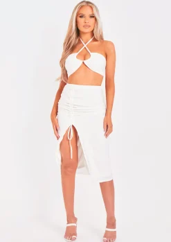 Brogan Ivory Ruched Side Split Midi Skirt^Missy Empire Hot