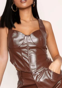 Bronya Brown Pu Corset Top^Missy Empire Sale