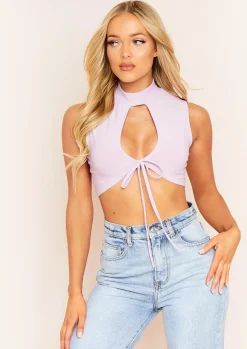 Caera Lilac Key Hole Lace Up High Neck Crop Top^Missy Empire New