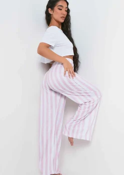 Clearance Caitlin White & Pink Stripe T-Shirt And Trouser Pyjama Set Women Nightwear