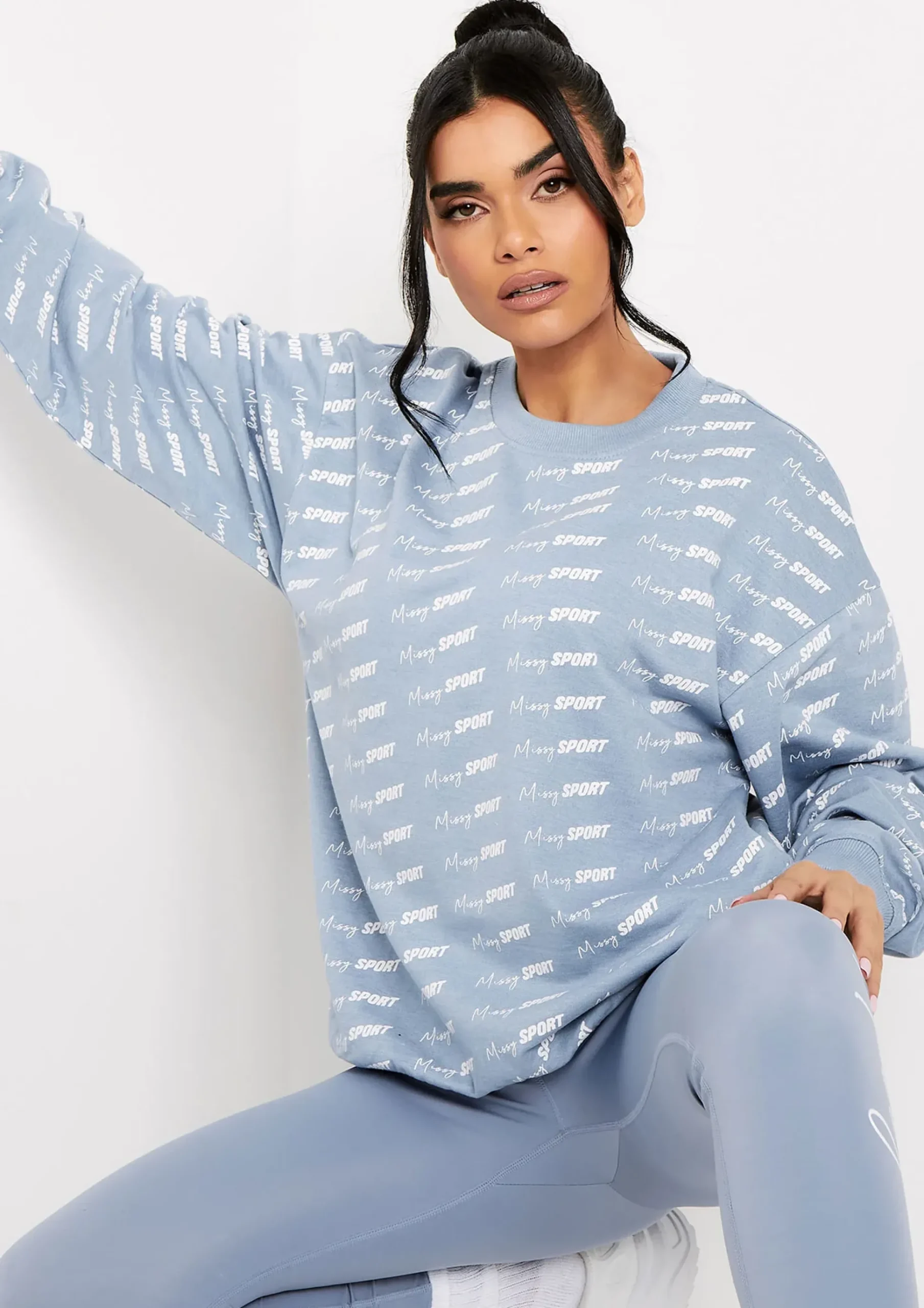Best Cali Mid Blue Missy Sport Repeat Branded Print Oversized Sweatshirt Women Loungewear
