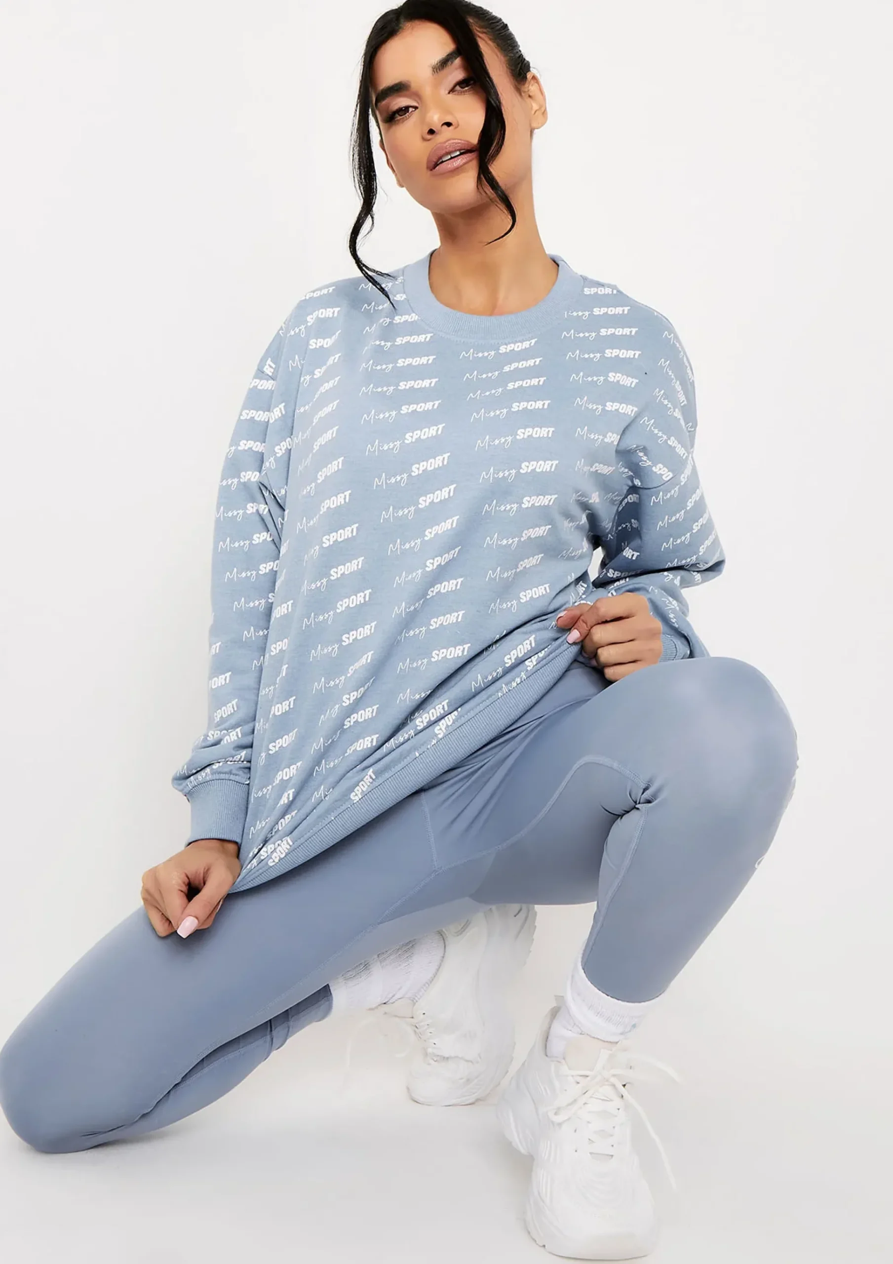 Best Cali Mid Blue Missy Sport Repeat Branded Print Oversized Sweatshirt Women Loungewear
