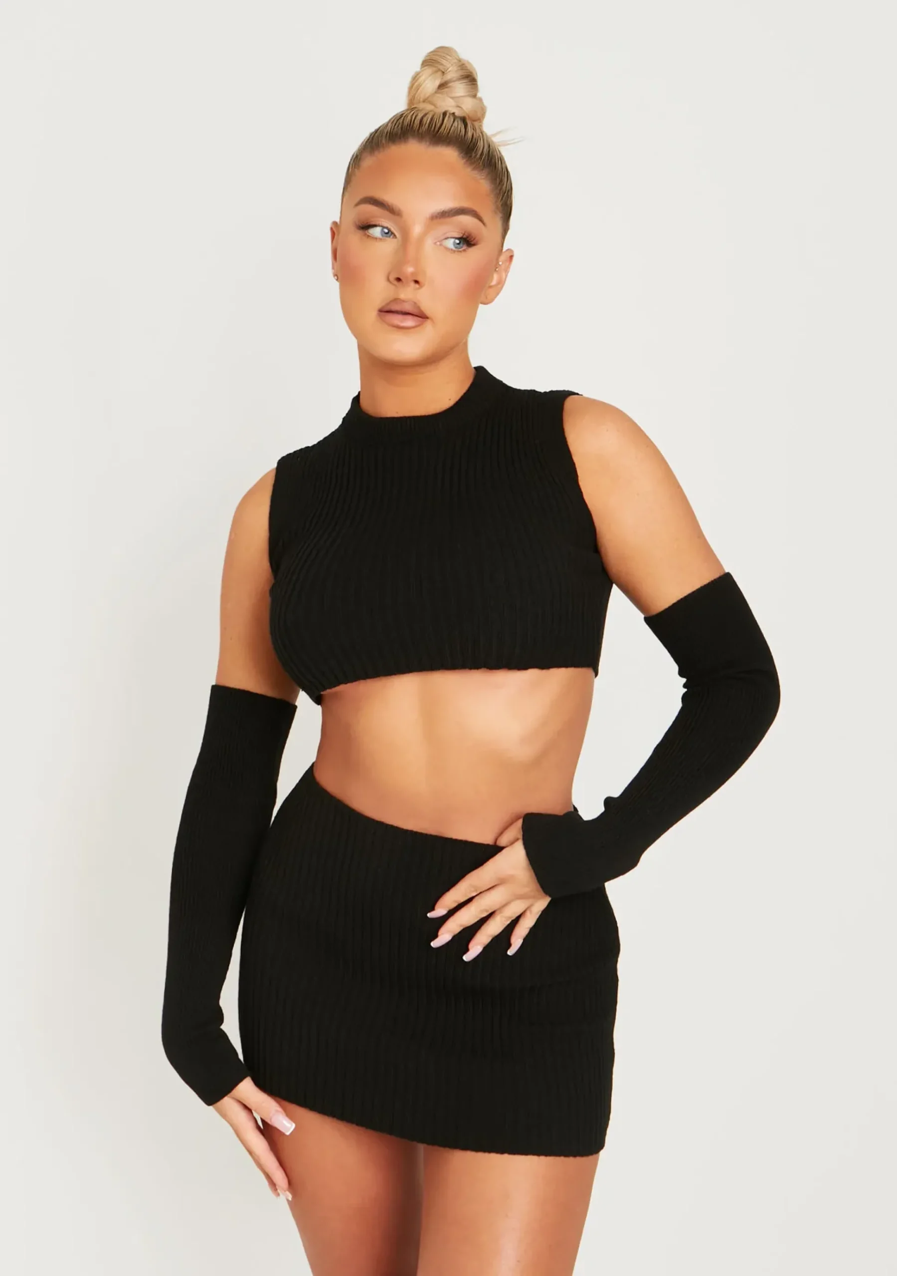 Cali Black Knitted Crop Top With Separate Sleeves^Missy Empire Cheap