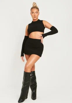 Cali Black Knitted Crop Top With Separate Sleeves^Missy Empire Cheap