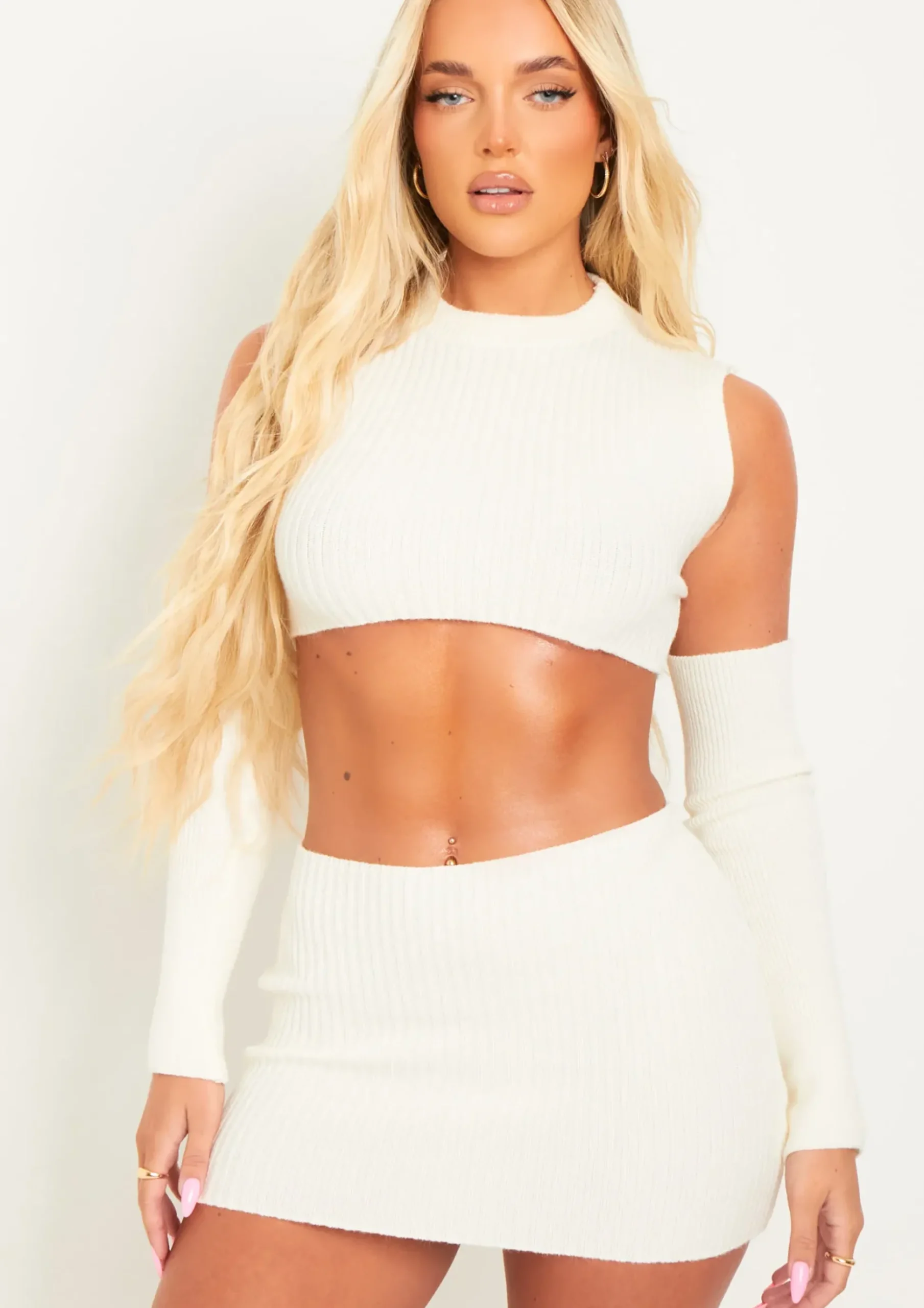 Cali Cream Knitted Crop Top With Separate Sleeves^Missy Empire Clearance