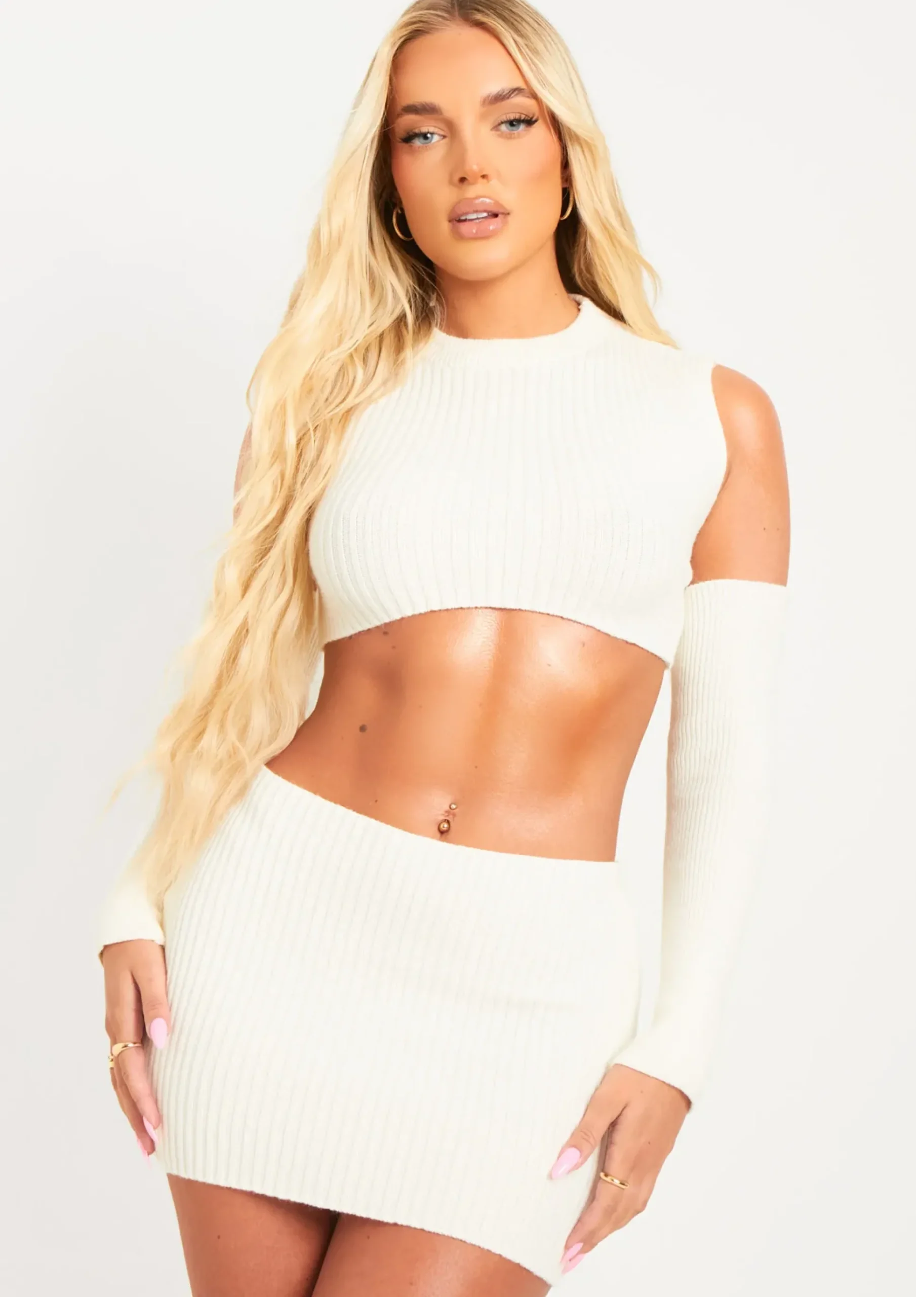 Cali Cream Knitted Crop Top With Separate Sleeves^Missy Empire Clearance