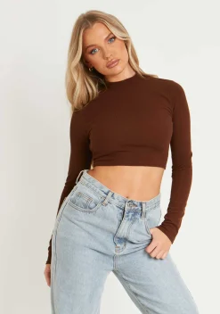 Calli Chocolate Ribbed High Neck Tie Back Long Sleeve Crop Top^Missy Empire Fashion