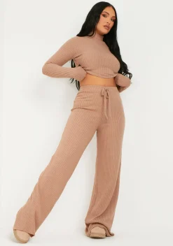 Store Cally Brown Rib Wide Leg Trousers Women Trousers
