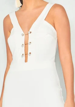 Hot Caressa White Plunge Pearl Bar Bodycon Dress Women Dresses