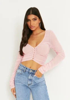Casey Pink Mesh Button Down Cardigan Top^Missy Empire Best Sale