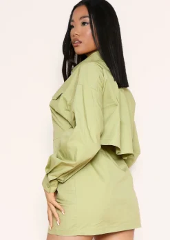 Cheap Cecilia Sage Green Pocket Front Back Detail Shirt Dress Women Dresses