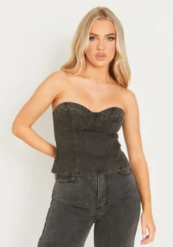 Chantal Black Wash Denim Corset Top^Missy Empire Discount