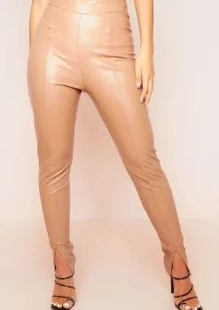 Discount Charlie Camel Split Front Vegan Leather Trousers Women Trousers