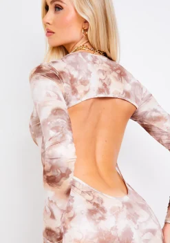 Best Charlotte Beige Smoke Print Cut Out Back Mini Dress Women Dresses
