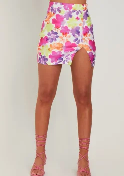 Chelsey Pink Floral Print High Waisted Mini Skirt With Split^Missy Empire Sale