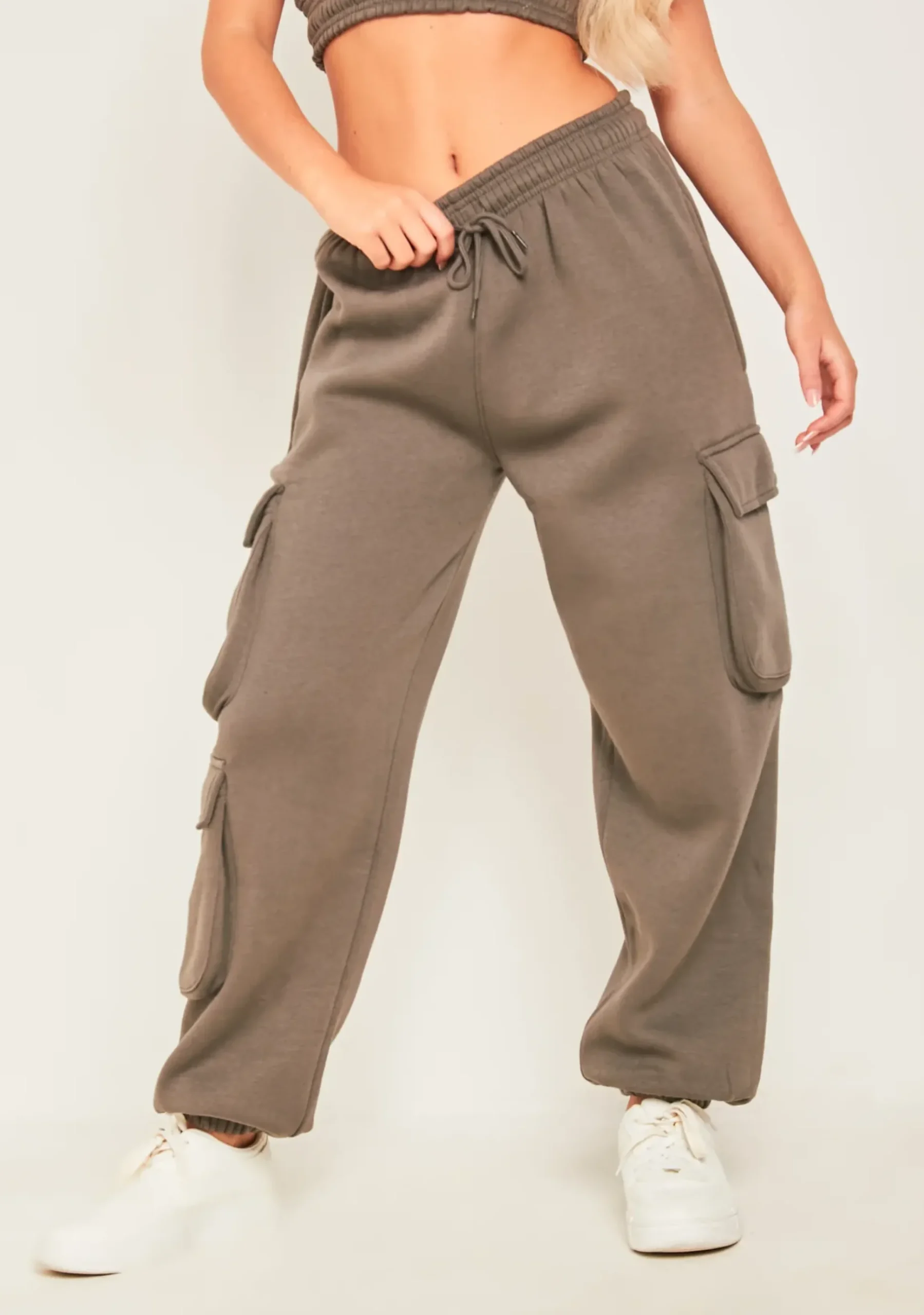 Hot Chloe Dark Taupe Cropped Cargo Tracksuit Set Women Tracksuits