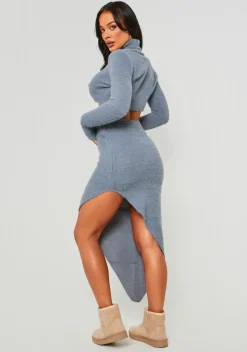 Chloe Charcoal Fluffy Knit Side Split Midi Skirt^Missy Empire New