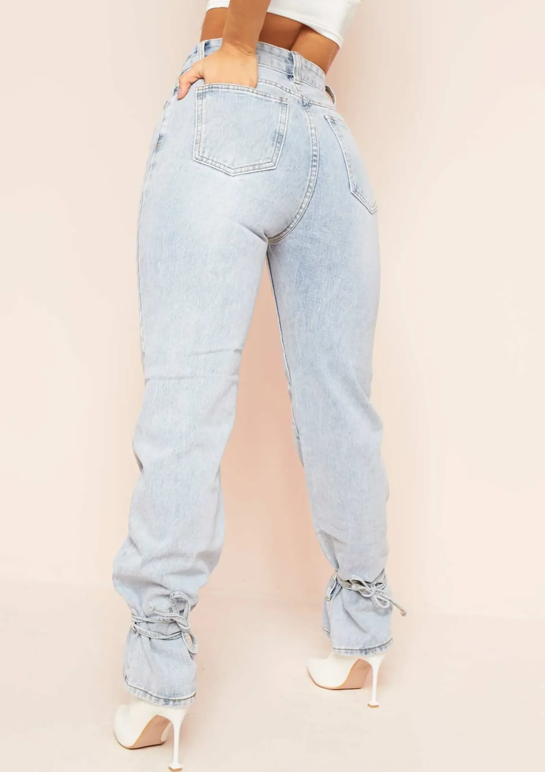 Cici Denim Light Wash Tie Hem Straight Leg Jeans^Missy Empire Clearance