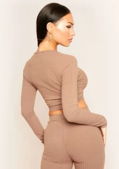 Ciera Mocha Mix & Match Ribbed Twist Front Crop Top^Missy Empire Fashion