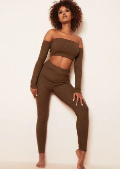 Claire Chocolate Soft Rib Bardot Long Sleeve Crop Top^Missy Empire Outlet