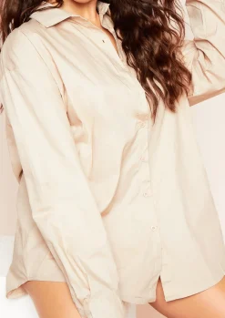 Clara Beige Thick Cotton Oversized Shirt^Missy Empire Fashion