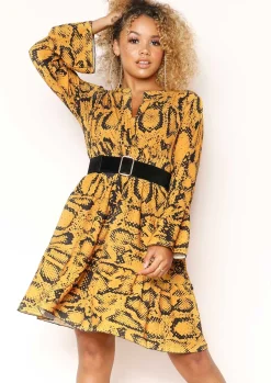 Sale Clare Mustard Snake Print Smock Dress Women Dresses