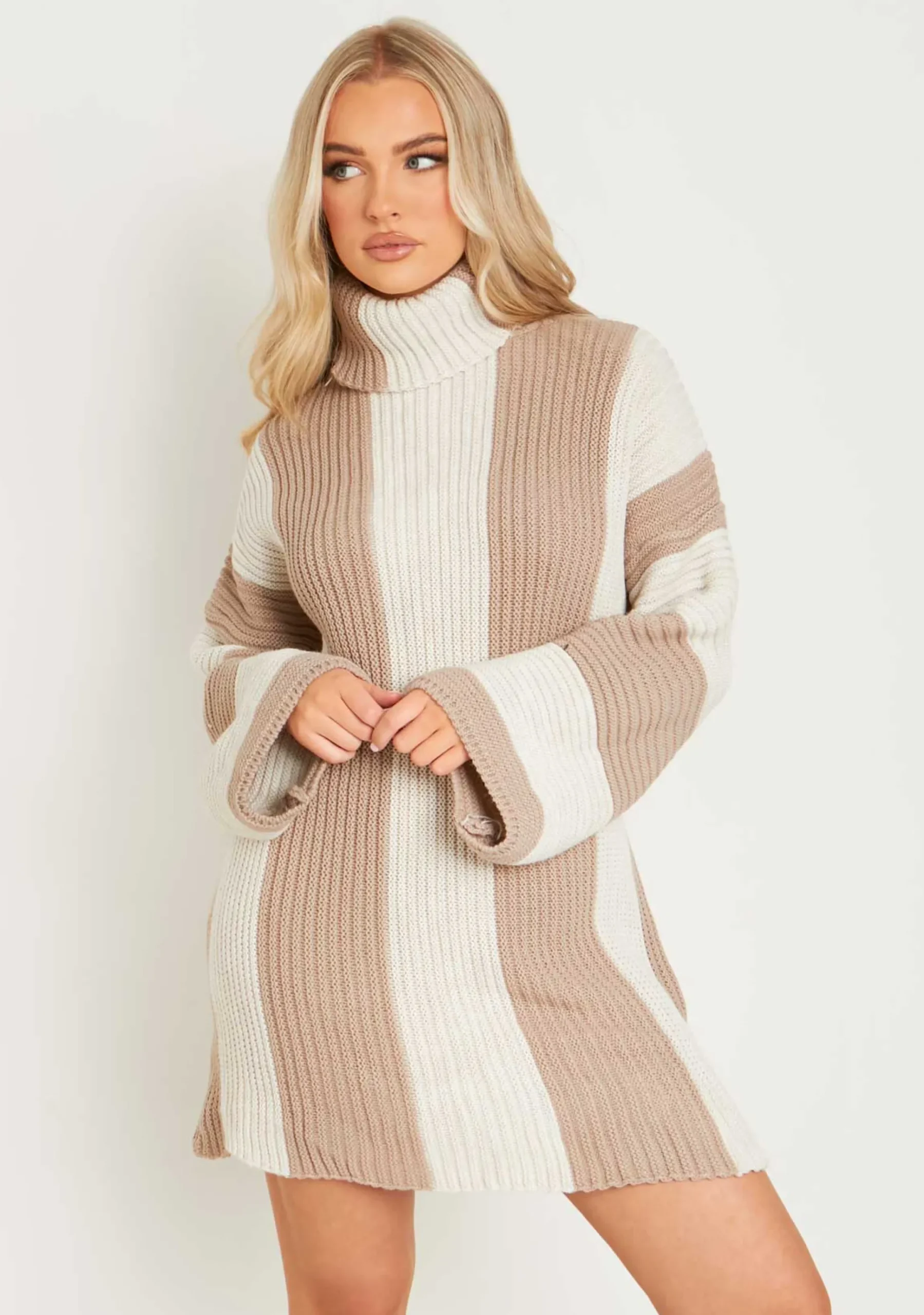 Sale Coco Beige Knitted Stripe Roll Neck Jumper Dress Women Dresses