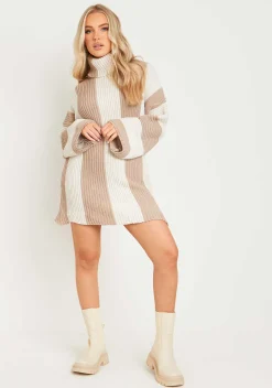 Sale Coco Beige Knitted Stripe Roll Neck Jumper Dress Women Dresses