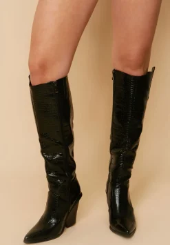 Flash Sale Colleen Black Knee High Croc Print Cow Boy Boots Women Boots